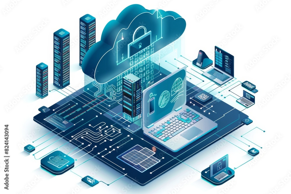 Poster secure cloud network illustration with various devices, highlighting data protection and advanced co