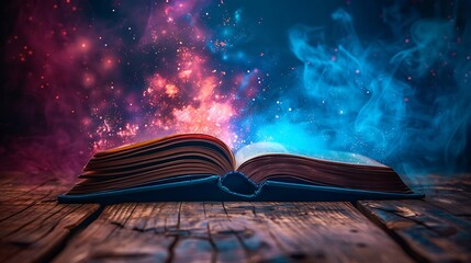 An open book on a wooden table with a blue and pink glow coming from it. - Powered by Adobe