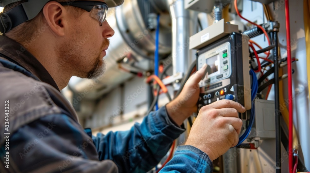 Poster a technician installing a smart meter to track and analyze energy usage in an industrial facility.