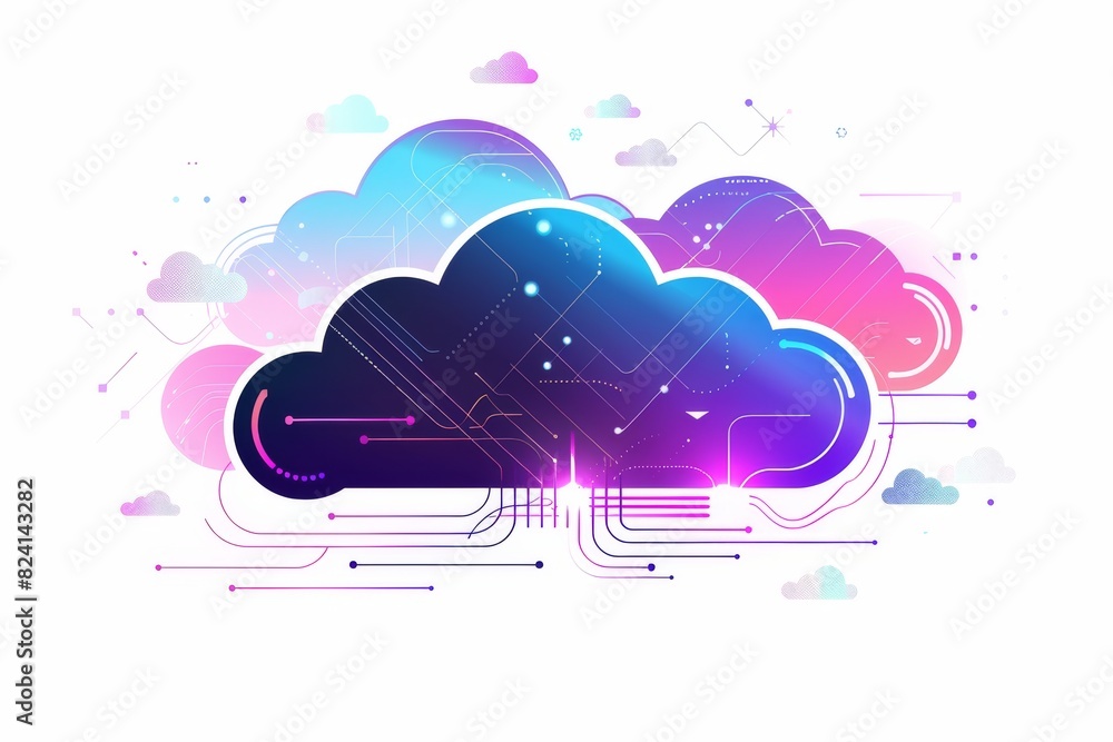 Poster isometric illustration of a secure cloud network, emphasizing data protection and advanced connectiv