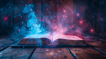 An open book on a wooden table with a blue and pink glow coming from it.
