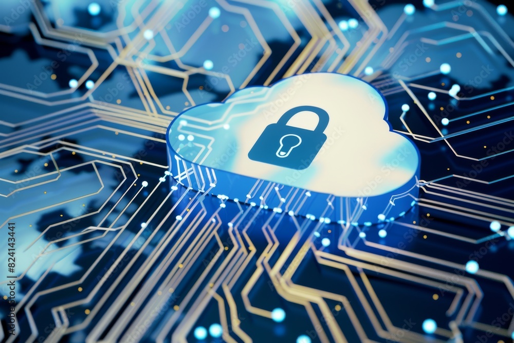 Poster isometric illustration of cloud storage with secure lock icon, symbolizing advanced data protection 