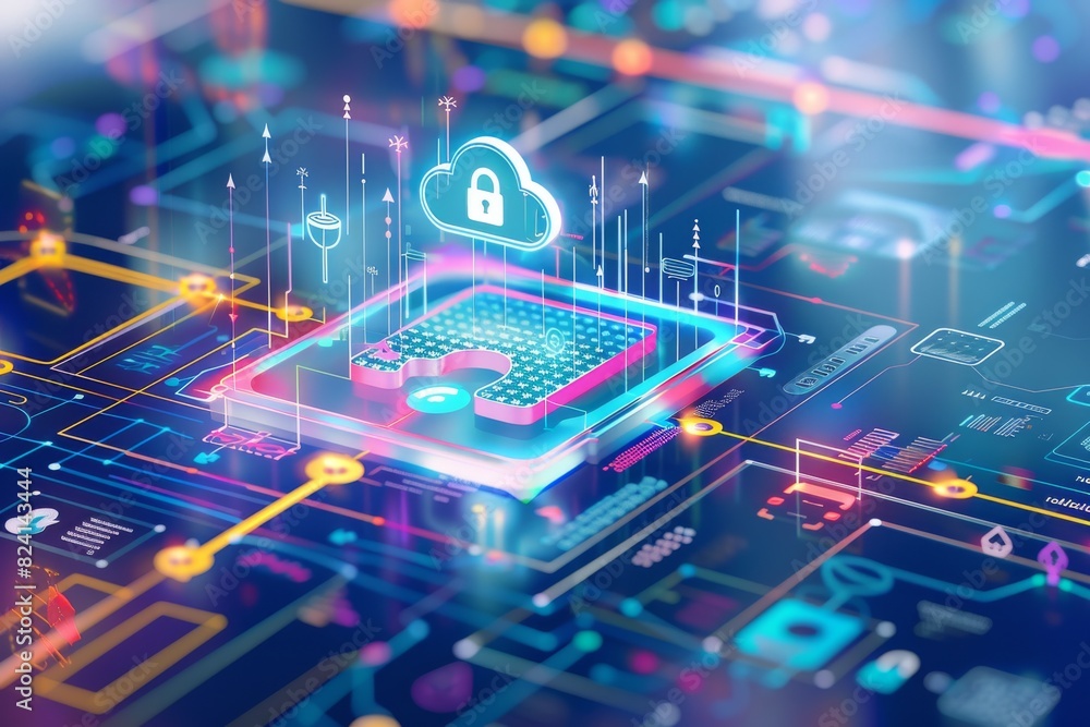 Poster digital illustration of secure cloud storage, emphasizing data protection and advanced cybersecurity