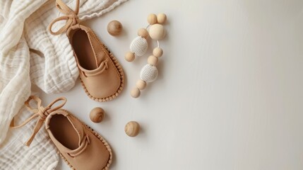 Baby shoes and teethers. Organic newborn accessories. copy space