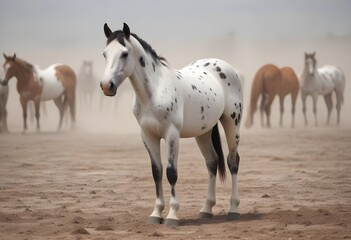 A young horse standing in a dusty field, with other horses visible in the background