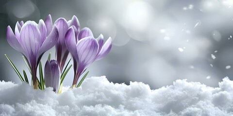 Blooming purple crocuses emerge from the snow heralding the arrival of spring. Concept Springtime, Nature, Flowers, Purple Crocuses, Snow Transition