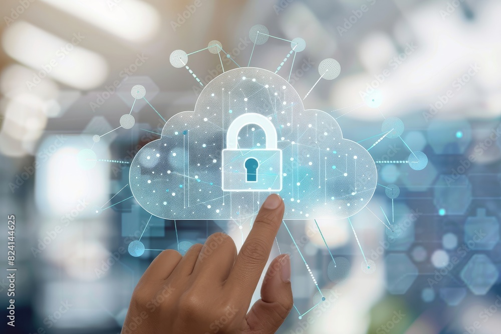 Poster digital illustration of a secure cloud icon, representing data protection and advanced cybersecurity