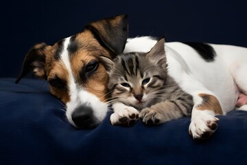 Jack Russell Terrier and kitten share tender moment, snuggled close in deep slumber
