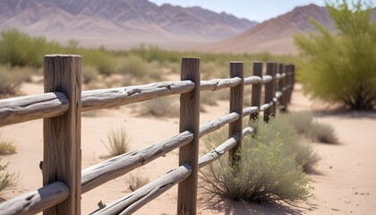 Weathered wooden fence in a desert landscape with blurred foliage in the background - Powered by Adobe