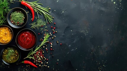 Different types of sauces in bowls with seasonings banner, rosemary and dill, thyme and and peppercorns, top view, copy space realistic - Powered by Adobe
