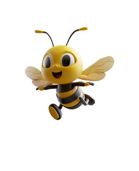 3D Render Illustration of Cute Happy Flying Bee Animal Character in Chibi Cartoon Style, Isolated on Transparent Background, PNG
