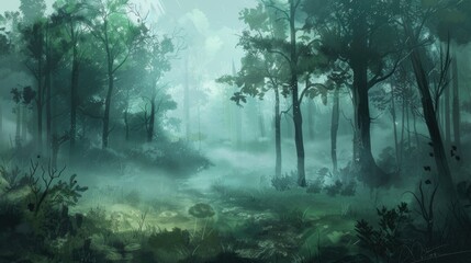 Obraz premium A misty forest with towering trees background. Towering trees accompanied by beautiful plants and flowers
