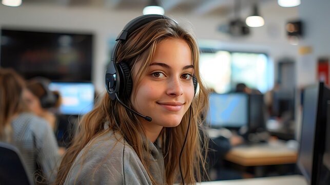 A Young Woman Wearing A Headset In Front Of A Computer. She Is Smiling At The Camera. 