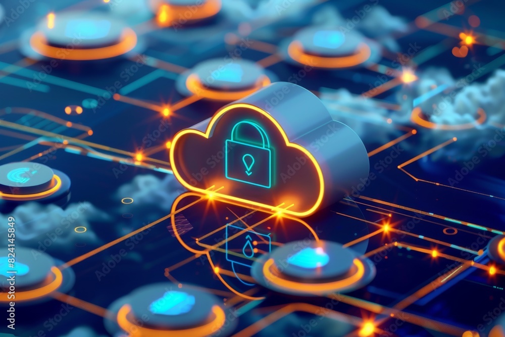 Poster digital illustration of secure cloud storage, representing advanced data protection and network secu