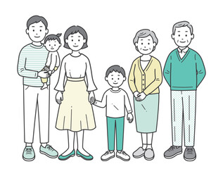 三世代の家族が集合した全身イラスト