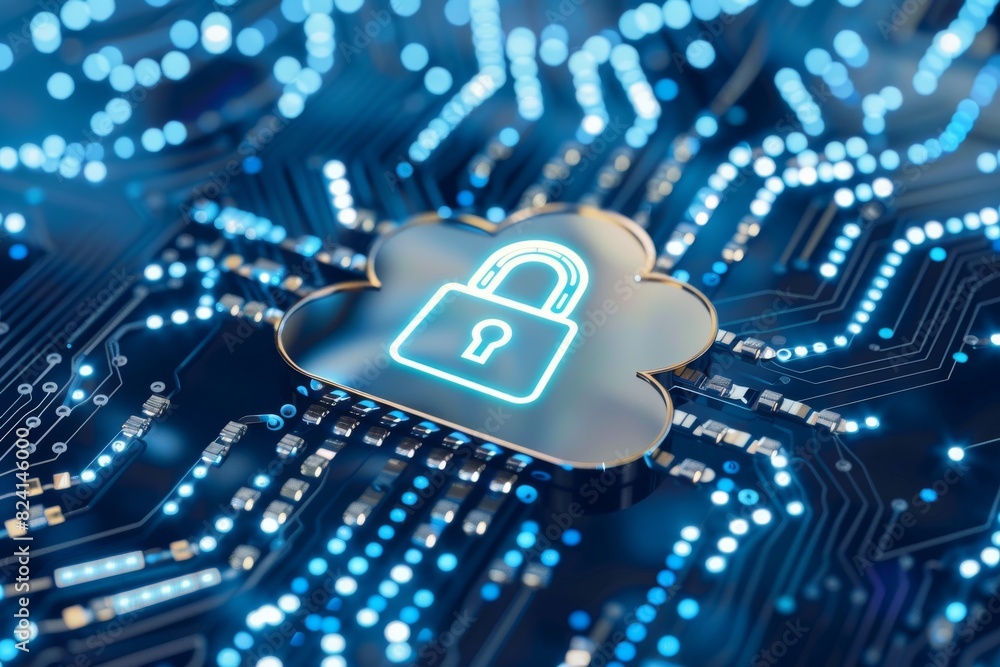 Poster digital illustration of secure cloud storage, symbolizing data protection and advanced cybersecurity