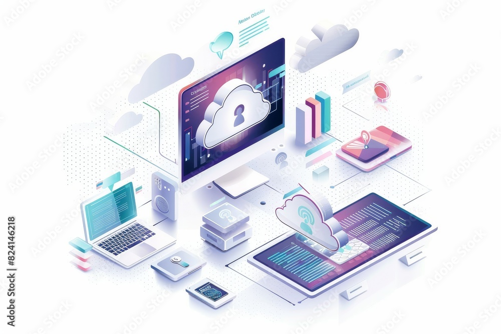 Poster digital illustration of secure cloud storage, highlighting data protection and advanced connectivity
