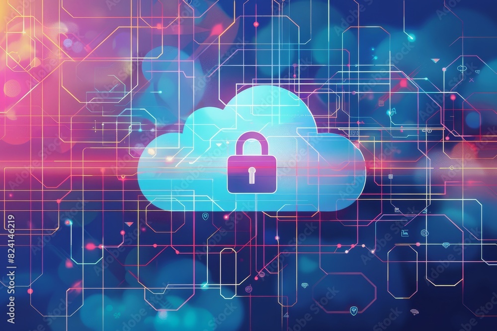 Poster digital illustration of secure cloud network, representing data protection and advanced cybersecurit