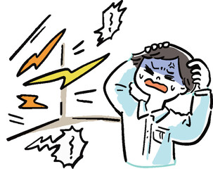 隣の部屋の騒音にイライラする男性の漫画風イラスト