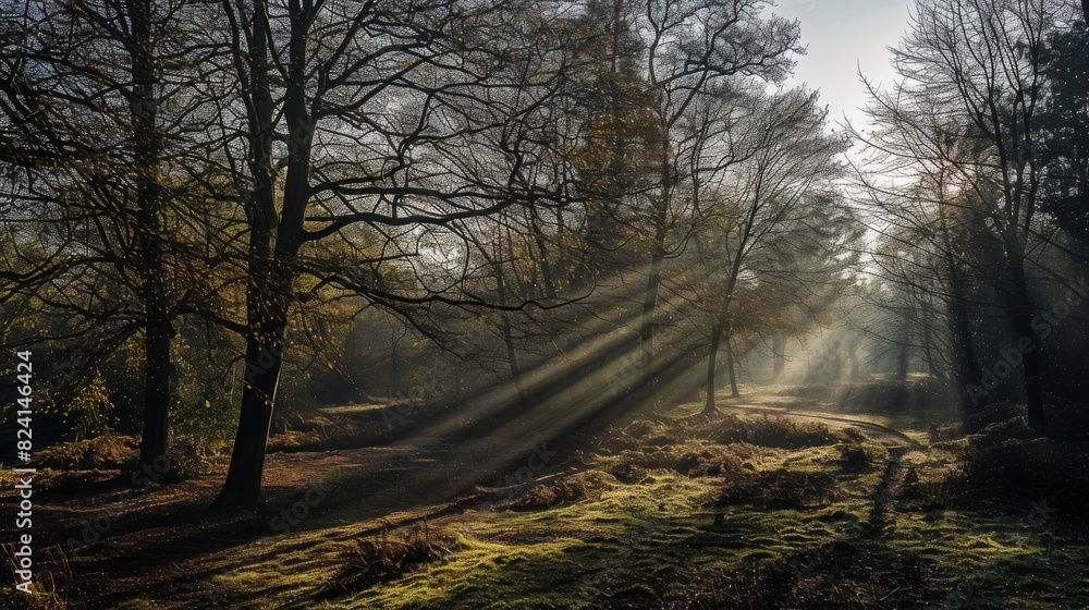 Poster a forest path is illuminated by the golden light of the sun, filtering through the trees on a crisp 