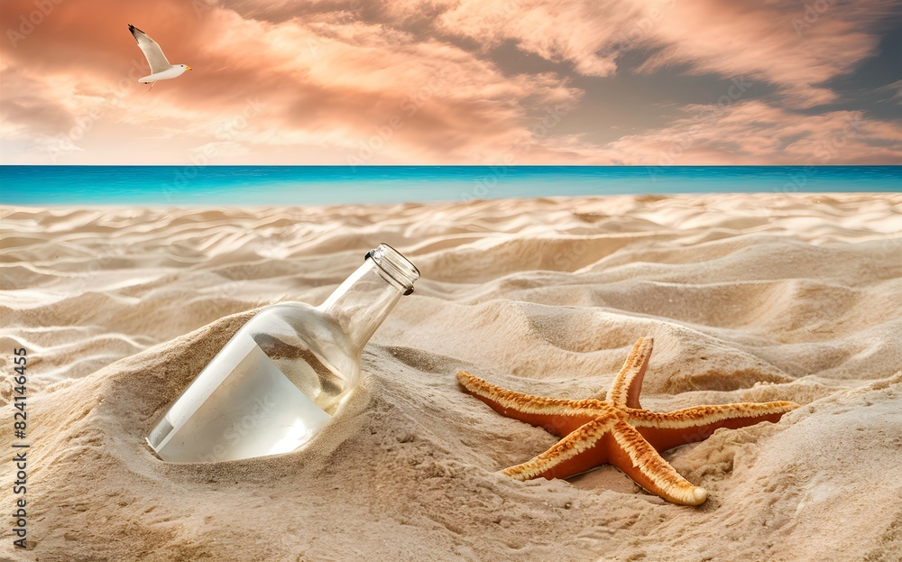 Wall mural sandy tropical beach summer with bottle and starfish on the beach