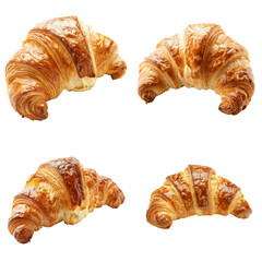 Set of 4 croissant isolated on transparent background.