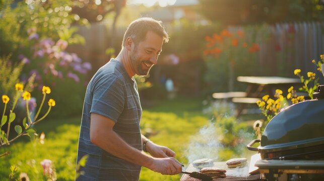 Joyful man grilling food in sunny backyard Fathers day