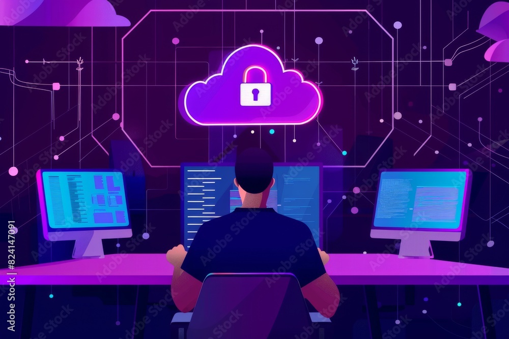 Poster person monitoring cyber security with high-tech cloud interface in a futuristic digital environment.