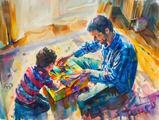 Father and child sharing a colorful gift Fathers day