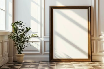 Bright room with empty photo frame, potted plant