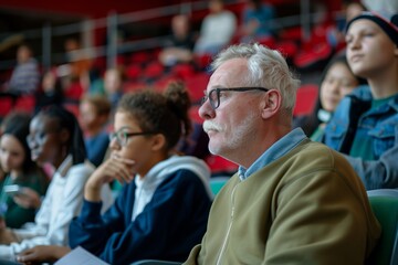 A diverse group of individuals attentively listening to a lecture in a large auditorium. The foreground features an older man with white hair and glasses, deeply focused on the presentation. 