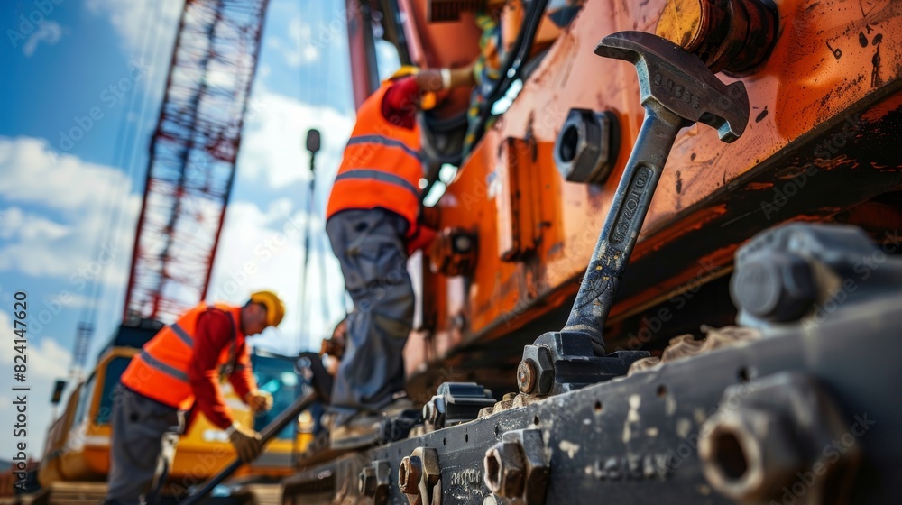Poster a group of workers using a large wrench to tighten bolts on a cranes boom carrying out regular maint