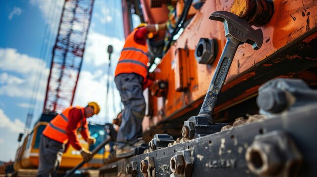 A group of workers using a large wrench to tighten bolts on a cranes boom carrying out regular maintenance to prevent any unexpected malfunctions.