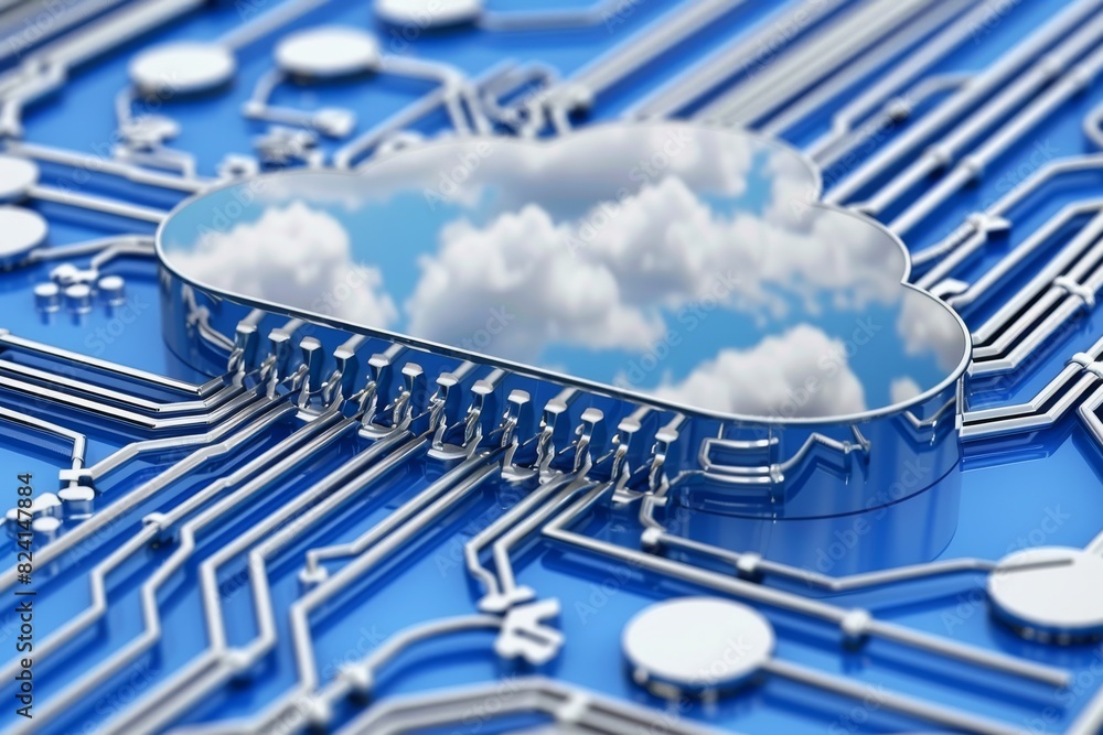 Poster modern cloud security with digital circuitry and advanced data protection technology.