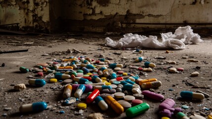 A multitude of colorful pills spread across a grungy, dusty floor evoke a sense of neglect and urgency.