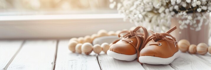 Baby shoes and teethers. Organic newborn accessories. copy space