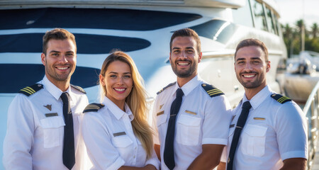 Confident crew posing in front of luxury yacht