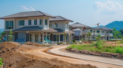 A row of houses are being built on a dirt road