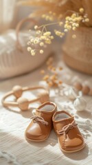Baby shoes and teethers. Organic newborn accessories. copy space