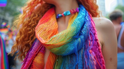 Fototapeta premium Shimmering In The Sun, A Rainbow Scarf Cascades Over A Woman'S Shoulder, A Symbol Of Unity And Diversity.