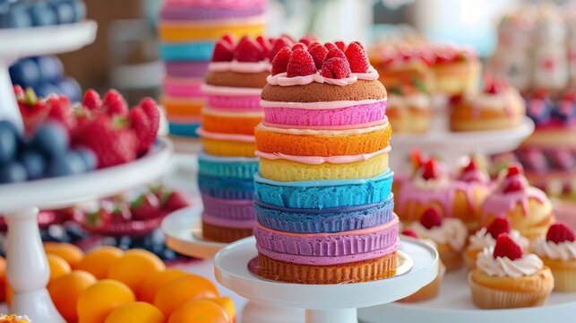 Rainbow Ombre Layer Cake With Fresh Raspberries On Top. Perfect For A Birthday Party Or Special Occasion.