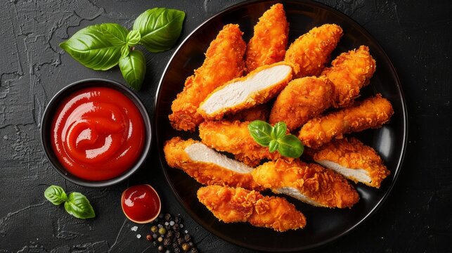 Crispy Fried Chicken Tenders With Ketchup On Black Plate. Top View