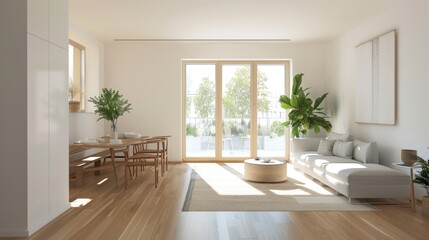 Corner view on bright studio room interior with dining table, cupboard, white wall, oak wooden hardwood floor, coffee table, panoramic window, sofa.