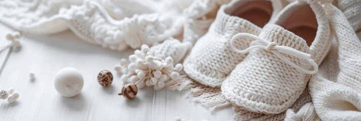 Baby shoes and teethers. Organic newborn accessories. copy space