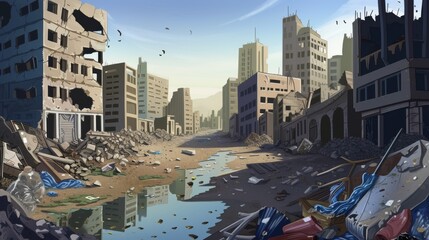 An illustrative depiction of a deserted cityscape in a post-apocalyptic setting, with dilapidated buildings and debris.