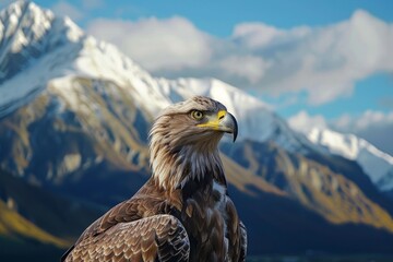 Fototapeta premium Bald eagle against snowy mountains background