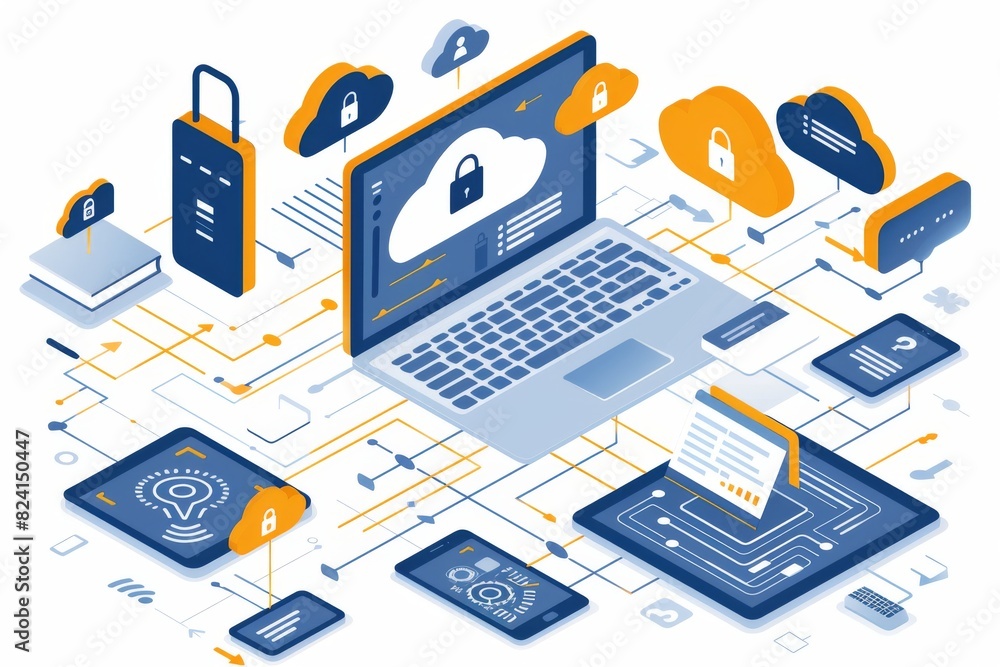 Poster modern cloud security with secure digital elements and advanced data protection technology.