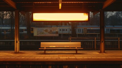A train station platform with a bench and a billboard in the background