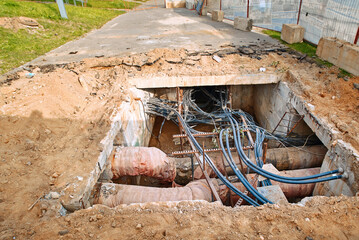 Pipes and communication cables in trench, underground utility systems. Water supply pipes and...