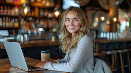 Fototapeta premium businesswoman takes a cheerful break from work, sitting at a bar table with a laptop, capturing a moment of relaxation and productivity.